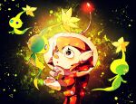  1girl :o backpack bag black_background black_eyes blue_eyes buttons colored_skin commentary_request eyelashes feet_out_of_frame flower ghost_tail gloves glow_pikmin glowing green_skin helmet jumpsuit light_blush looking_at_another outstretched_hand parted_lips petals pikmin_(creature) pikmin_(series) pikmin_4 pointy_ears radio_antenna red_bag red_jumpsuit red_light redhead rescue_officer_(pikmin) shirushiki short_hair solid_circle_eyes space_helmet spacesuit triangle whistle white_gloves yellow_flower 