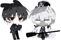  1boy 1girl animal_ears black_bow black_coat black_dress black_gloves bow cat_ears cat_tail charon_(project_moon) chibi closed_mouth coat dress full_body gloves grey_hair hair_bow hat holding lemonail limbus_company long_hair looking_at_viewer low_twintails project_moon rabbit_ears rabbit_tail red_eyes shako_cap tail twintails vergilius_(project_moon) very_long_hair white_eyes white_hair 