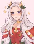  1girl artist_name bell breasts cape dress edelgard_von_hresvelg edelgard_von_hresvelg_(snowfall_future) fake_horns fire_emblem fire_emblem:_three_houses fire_emblem_heroes gold_choker highres horns long_hair looking_at_viewer neck_bell official_alternate_costume purrlucii red_cape red_dress small_breasts smile solo star_(symbol) violet_eyes white_background white_hair 