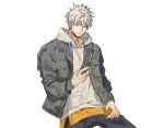  1boy blue_eyes cellphone collarbone cowboy_shot flip_phone gojou_satoru grey_hoodie grey_jacket highres holding holding_phone hood hoodie jacket jujutsu_kaisen male_focus phone satsuki_g short_hair solo white_background white_footwear white_hair 