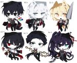  3boys 3girls animal_ears black_coat black_gloves black_pants blonde_hair blue_eyes cat_ears cat_tail chain closed_mouth coat coat_on_shoulders dagger dog_ears dog_tail don_quixote_(project_moon) faust_(project_moon) gauntlets gloves guan_dao highres holding holding_weapon hong_lu_(project_moon) knife lance lemonail limbus_company long_sleeves meursault_(project_moon) multiple_boys multiple_girls necktie ootachi open_mouth pants polearm project_moon red_necktie ryoshu_(project_moon) shirt short_hair simple_background smile sword tail weapon white_background white_hair white_shirt yellow_eyes yi_sang_(project_moon) zweihander 