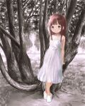  1girl arms_behind_back blunt_bangs blush crossed_legs dress forest full_body leaning_on_object long_hair looking_ahead nature original outdoors painting_(medium) red_eyes redhead shoes sidelocks solo standing strap tamerai_zero traditional_media tree white_dress 