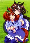  2girls absurdres animage animal_ears blue_sailor_collar blue_shirt blue_skirt blue_thighhighs brown_eyes brown_hair closed_mouth grass hair_ribbon highres horse_ears horse_tail kitasan_black_(umamusume) long_sleeves looking_at_viewer multicolored_hair multiple_girls nice_nature_(umamusume) official_art open_mouth pleated_skirt red_eyes ribbon sailor_collar scan school_uniform shirt skirt smile streaked_hair tail teeth thigh-highs tracen_school_uniform two-tone_hair upper_teeth_only white_hair 