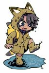  1boy :3 animal_ears backpack bag chibi drifting_fox fox_ears full_body heathcliff_(project_moon) hood hood_up limbus_company male_focus open_mouth project_moon puddle scar scar_on_face simple_background smile solo touma_rui violet_eyes white_background yellow_raincoat 