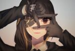  1girl black_gloves black_jacket brown_eyes brown_hair eyepatch girls_frontline gloves jacket long_hair long_sleeves looking_at_viewer m16a1_(girls&#039;_frontline) open_mouth scar shirt smile xanax025 yellow_shirt 