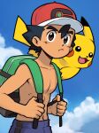  1boy ash_ketchum backpack bag black_hair blue_sky brown_eyes clouds cloudy_sky commentary_request holding holding_bag looking_at_viewer male_focus on_shoulder pikachu pokemon pokemon_(anime) pokemon_(creature) pokemon_journeys pokemon_on_shoulder red_headwear sky topless_male xireeeeee 