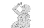  1girl arm_up belt coat cup faust_(project_moon) greyscale highres holding holding_cup ivy_(675671) limbus_company long_sleeves monochrome open_mouth pants project_moon ribbed_sweater short_hair solo sweater turtleneck turtleneck_sweater vest 