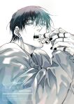  1boy disembodied_limb earrings fushiguro_touji greyscale highres jewelry jujutsu_kaisen long_sleeves looking_at_viewer male_focus monochrome nail_polish sashiyu scar scar_on_face scar_on_mouth solo sweater teeth upper_body 