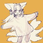  1girl :d alternate_costume animal_ears arknights fox_ears fox_girl fox_tail hairband highres kitsune kyuubi long_hair long_sleeves multiple_tails niwatori_(akira_207) open_mouth orange_background simple_background sketch smile solo sweater tail 