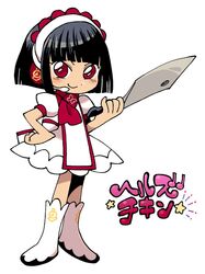  1girl black_hair boots closed_mouth dress full_body holding holding_knife knife limbus_company looking_at_viewer ojamajo_doremi parody project_moon puffy_short_sleeves puffy_sleeves red_eyes ryoshu_(project_moon) short_hair short_sleeves smile solo style_parody touma_rui white_dress white_footwear 