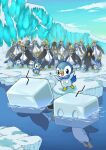  absurdres afloat bird clouds commentary_request day eiscue eiscue_(ice) empoleon evolutionary_line highres ice no_humans open_mouth outdoors penguin piplup pokemon pokemon_(creature) prinplup q-chan sky snow standing water 