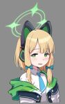  1girl animal_ear_headphones animal_ears blonde_hair blue_archive blue_bow blush bow cat_ear_headphones commentary_request cropped_torso fake_animal_ears green_eyes grey_background hair_bow halo headphones looking_at_viewer midori_(blue_archive) mitsutsuka necktie off_shoulder open_clothes parted_lips revision shirt simple_background solo upper_body white_shirt 