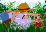  2boys aged_down black_hair child closed_eyes commentary facial_hair grass hat highres keppon male_focus monkey_d._luffy multiple_boys one_piece open_mouth outdoors redhead scar scar_across_eye scar_on_face shanks_(one_piece) shirt short_hair short_sleeves smile straw_hat teeth white_shirt 