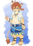  1boy absurdres animal_ears blue_shorts claws commentary digitigrade furry furry_male highres hood hooded_jacket jacket lion_boy lion_ears lion_tail looking_at_viewer male_focus pawpads ponytail shorts tail theo_(world_flipper) tukuenomoto white_jacket world_flipper 
