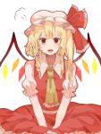  1girl :o ascot blonde_hair bow collared_shirt crystal_wings flandre_scarlet frilled_ascot frilled_bow frilled_shirt_collar frilled_skirt frills hat hat_bow highres looking_at_viewer medium_hair mob_cap puffy_short_sleeves puffy_sleeves red_bow red_eyes red_skirt red_vest shamo_tarou shirt short_sleeves side_ponytail simple_background skirt skirt_set solo touhou vest white_background white_headwear white_shirt yellow_ascot 