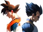  21xfour 2boys black_eyes black_hair brush_stroke commentary dougi dragon_ball faux_traditional_media highres male_focus multiple_boys muscular muscular_male painting_(medium) saiyan_armor side-by-side simple_background son_goku spiky_hair traditional_media vegeta 