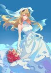  1girl blonde_hair bouquet braid breasts bridal_veil bride crown_braid dress eiyuu_densetsu elaine_auclair elbow_gloves feng_you floating_hair gloves green_eyes hair_between_eyes highres holding holding_bouquet kuro_no_kiseki long_hair looking_at_viewer medium_breasts sleeveless sleeveless_dress solo swept_bangs veil wedding_dress white_gloves 