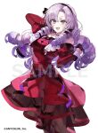  1girl black_gloves dress drill_hair gloves half_gloves hyakumantenbara_salome hyakumantenbara_salome_(1st_costume) juliet_sleeves long_hair long_sleeves nijisanji official_art open_mouth puffy_sleeves purple_hair red_dress sample_watermark simple_background smile solo violet_eyes virtual_youtuber wata_(attaka_towel) watermark white_background 