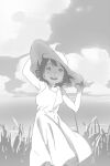 1girl bare_shoulders clouds dress grass greyscale hat kondoo looking_at_viewer monochrome open_mouth original outdoors short_hair sketch sky smile solo sun_hat sundress tall_grass 