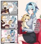 aether_(genshin_impact) blonde_hair blue_hair blush comic couch english_text eula_(genshin_impact) genshin_impact hetero husband_and_wife if_they_mated kulo_jawa table yellow_eyes