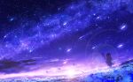  1girl absurdres blue_flower capelet clouds elf field flower flower_field frieren gradient_sky highres holding holding_staff mage_staff outdoors pointy_ears purple_sky scenery shooting_star skirt sky skyrick9413 solo sousou_no_frieren staff standing star_(sky) starry_sky sun sunset twintails 