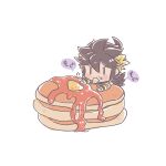  1boy 72kuri ahoge black_hair butter dark_pit eating food food_on_face kid_icarus kid_icarus_uprising laurel_crown male_focus oversized_food oversized_object pancake simple_background solo white_background 