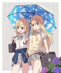  2girls :o bag black_bag blonde_hair blue_sweater bow bowtie breasts carrying carrying_bag clothes_around_waist collared_shirt commentary_request cowboy_shot dated flower gochuumon_wa_usagi_desu_ka? grey_background grey_bow grey_bowtie grey_skirt highres holding holding_umbrella jinja_eru jinja_natsume long_hair looking_at_viewer miniskirt mohei multiple_girls open_mouth plaid plaid_bow plaid_bowtie plaid_skirt pleated_skirt puffy_short_sleeves puffy_sleeves rain school_uniform shared_umbrella shirt short_hair short_sleeves sidelocks simple_background skirt small_breasts standing sweater sweater_around_waist sweater_vest umbrella white_shirt yellow_sweater 