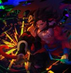  black_hair blue_sash blue_wristband closed_mouth dougi dragon_ball dragon_ball_heroes gloves long_hair male_focus monkey_boy monkey_tail multiple_boys muscular muscular_male ommmyoh pants red_fur saiyan sash son_goku_(xeno) spiky_hair super_saiyan super_saiyan_4 tail time_patrol_(dragon_ball) twitter_username vegeta_(xeno) 