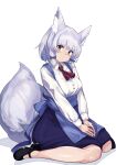  1girl absurdres animal_ear_fluff animal_ears apron ascot back_bow blue_apron blue_bow blue_skirt blunt_bangs blush bow bowchan breasts brown_footwear closed_mouth collared_shirt commentary_request eyelashes eyes_visible_through_hair fox_ears fox_girl fox_tail from_side full_body hair_bow head_tilt highres long_sleeves looking_at_viewer machikado_mazoku mary_janes medium_breasts no_socks own_hands_together red_ascot riko_(machikado_mazoku) shirt shoes short_eyebrows short_hair sidelocks simple_background sitting skirt solo suspenders tail v_arms wariza white_background white_shirt yellow_eyes 