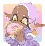  1girl asymmetrical_hair colored_eyelashes colored_skin cross-shaped_pupils dark-skinned_female dark_skin doughnut earrings eating fangs food forehead frye_(splatoon) gradient_skin hand_up holding holding_doughnut holding_food hood hood_down hoodie jewelry long_pointy_ears long_sleeves medium_hair multicolored_skin multiple_earrings orange_hair outline pointy_ears purple_hair purple_hoodie short_eyebrows smile solo sparkle splatoon_(series) splatoon_3 striped striped_hoodie symbol-shaped_pupils tentacle_hair teo_(teorekka) tooth_earrings two-tone_skin white_outline yellow_eyes yellow_pupils yellow_skin 