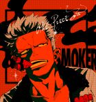  1boy black_eyes character_name cigar commentary_request facial_hair highres larugo0513 male_focus mouth_hold one_piece open_mouth short_hair smoker_(one_piece) solo teeth white_hair 