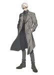  1boy black_coat black_pants blue_eyes coat full_body gojou_satoru hands_in_pockets highres jujutsu_kaisen long_sleeves looking_at_viewer male_focus pants ribbed_sweater satsuki_g short_hair solo sunglasses sweater white_background white_hair 