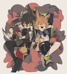  2boys animal_ears arknights asymmetrical_legwear ayerscarpe_(arknights) bandaid bandaid_on_face bandaid_on_nose black_jacket black_necktie black_pants black_thighhighs blonde_hair brown_hair closed_eyes commentary_request feet_out_of_frame grin highres id_card infection_monitor_(arknights) jacket leonhardt_(arknights) midriff_peek mismatched_legwear multiple_boys necktie pants pillow pouch rabbit rabbit_boy rabbit_ears remu_(kudarizaka_25) shirt shoes simple_background smile sneakers thigh-highs white_background white_shirt white_thighhighs 