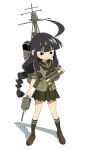  1girl absurdres black_eyes black_hair braid brown_footwear cannon expressionless full_body green_neckerchief green_serafuku green_skirt green_socks highres kantai_collection kitakami_(kancolle) kondoo loafers long_hair neckerchief parody_request pleated_skirt school_uniform serafuku shoes short_sleeves simple_background skirt socks solo turret white_background 