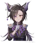  1girl absurdres air_shakur_(belphegor&#039;s_prime)_(umamusume) air_shakur_(umamusume) arm_tattoo black_hair black_jacket commentary_request ear_covers ear_piercing eyebrow_piercing gloves grin hair_between_eyes heterochromia highres horse_girl jacket long_hair long_sleeves looking_at_viewer multicolored_clothes multicolored_jacket official_alternate_costume official_alternate_hairstyle piercing purple_jacket simple_background single_ear_cover smile solo tattoo toriumi_(fioripera14) two-tone_jacket umamusume upper_body violet_eyes white_background white_gloves yellow_eyes 