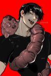  1boy black_hair black_shirt fangs fushiguro_touji highres jujutsu_kaisen looking_at_viewer male_focus mistermagnolia monster red_background scar scar_on_face scar_on_mouth shirt short_hair short_sleeves solo teeth tongue tongue_out upper_teeth_only 