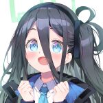  1girl absurdly_long_hair aris_(blue_archive) black_hair black_hairband blue_archive blue_eyes blue_necktie blush bucchake_(asami) collared_shirt green_halo hairband halo jacket long_hair long_sleeves looking_at_viewer necktie one_side_up open_clothes open_jacket open_mouth ringed_eyes shirt simple_background smile solo two-sided_fabric two-sided_jacket upper_body very_long_hair white_background white_jacket white_shirt 