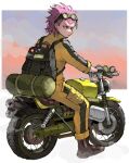  1boy backpack bag black_bag black_gloves boots brown_footwear closed_mouth danganronpa_(series) danganronpa_2:_goodbye_despair full_body gloves goggles goggles_on_head long_sleeves male_focus motor_vehicle motorcycle on_motorcycle pink_hair shiba_ko short_hair soda_kazuichi solo 