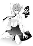  1girl death_note death_note_(object) genderswap genderswap_(mtf) highres looking_at_viewer necktie niname_shuri shirt short_hair simple_background thighs white_background white_shirt yagami_light 