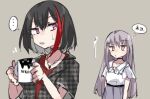 2girls bang_dream! black_hair black_neckwear golden_eyes grey_background holding_cup minato_yukina mitake_ran pink_eyes purple_eyes sweatdrop translation_request yamasemi8023oc