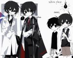  4boys ? black_coat black_pants black_shirt black_vest brown_shorts coat collared_shirt cowboy_shot dual_persona highres holding holding_knife knife lab_coat lemonail limbus_company long_sleeves multiple_boys necktie omori omori_(omori) pants project_moon red_necktie sang_yi_(project_moon) shirt shorts simple_background speech_bubble sunny_(omori) trait_connection vest white_background white_coat white_shirt yi_sang_(project_moon) 