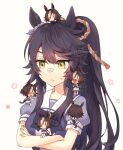  &gt;_o 2girls animal_ears back_bow bandaid bandaid_on_face bandaid_on_nose black_hair bow brown_hair chibi climbing closed_mouth commentary_request crossed_arms ear_ornament hair_between_eyes hair_ornament horse_ears horse_girl horse_tail long_hair multiple_girls nanashi_(774umauma) narita_brian_(umamusume) one_eye_closed open_mouth pleated_skirt ponytail puffy_short_sleeves puffy_sleeves purple_bow purple_shirt rope sailor_collar school_uniform shimenawa shirt short_sleeves simple_background sitting skirt smile sweatdrop tail thigh-highs tracen_school_uniform umamusume vodka_(umamusume) white_background white_skirt white_thighhighs yellow_eyes 
