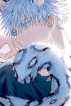  1boy absurdres animal_ears blue_eyes blue_shirt cat_ears cat_tail gojou_satoru highres jujutsu_kaisen male_focus portrait shirt solo spiky_hair tail undercut yoon_(dmsco1803) 