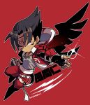 1boy belt black_gloves black_hair black_wings clenched_hand closed_mouth devil_jin fingerless_gloves forehead_jewel glint gloves grey_shirt highres jacket kazama_jin kotorai looking_to_the_side male_focus outline outstretched_arm pants red_background red_eyes red_jacket red_pants shirt simple_background solo tekken thigh_belt thigh_strap translation_request white_belt white_outline wings 