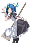  1girl alternate_costume apron black_pantyhose blowing_kiss blue_hair blush bob_cut broom dress fire hair_ornament hairclip halo heart highres hitodama indie_virtual_youtuber jaggy_lines leaning_forward maid maid_apron maid_headdress mochituke_nullpo mole mole_under_eye pantyhose parted_lips pixel_art psd_available puffy_short_sleeves puffy_sleeves short_sleeves simple_background solo symbol-shaped_pupils tamaya virtual_youtuber white_background wrist_cuffs yellow_eyes 