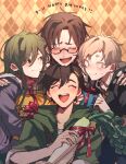  1girl 3boys ^_^ black_hair black_jacket blonde_hair brown_hair closed_eyes facial_hair gift glasses green_hair green_overalls group_hug hair_ornament hairclip hand_on_another&#039;s_shoulder happy happy_birthday happy_tears highres hood hood_down hoodie hug jacket kagerou_project kano_shuuya kido_tsubomi long_hair looking_to_the_side mokemoke_chan multiple_boys purple_hoodie radish seto_kousuke short_hair smile step-siblings tateyama_kenjirou tears violet_eyes yellow_eyes 