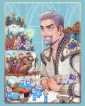  beard blue_background blue_eyes cake cape coat colored_skin doll facial_hair flower food grey_hair highres king_magnifico looking_at_another male_focus mature_male momochi_(bmbmomomo) rose short_hair smile solo_focus teeth thick_eyebrows white_cape white_coat white_flower white_rose white_skin wish_(disney) 