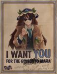  1girl absurdres gensokyo_odyssey hat highres i_want_you kakkoi_elbertson kanpaithighs logo long_hair looking_at_viewer mafia official_art parody poster_parody promotional_art solo touhou triangular_eyewear 