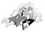  1boy 1girl belt boots brick_wall chilchuck choker cleaning closed_mouth dungeon_meshi fingerless_gloves gloves greyscale lockpick long_sleeves maiko_(setllon) marcille monochrome pants pointy_ears ponytail robe sandals shirt short_hair sitting sleeping sleeping_bag sleeping_upright sweatdrop vest 