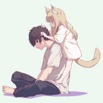  1boy 1girl 40hara animal_ears barefoot blonde_hair cat_ears cat_girl cat_tail closed_mouth commentary_request from_side grabbing_another&#039;s_hair hands_on_another&#039;s_head height_difference highres holding_another&#039;s_hair kinako_(40hara) light_smile long_hair long_shirt on_person original profile shadow shirt simple_background sitting t-shirt tail tail_raised tsukioka_(40hara) white_background white_shirt 